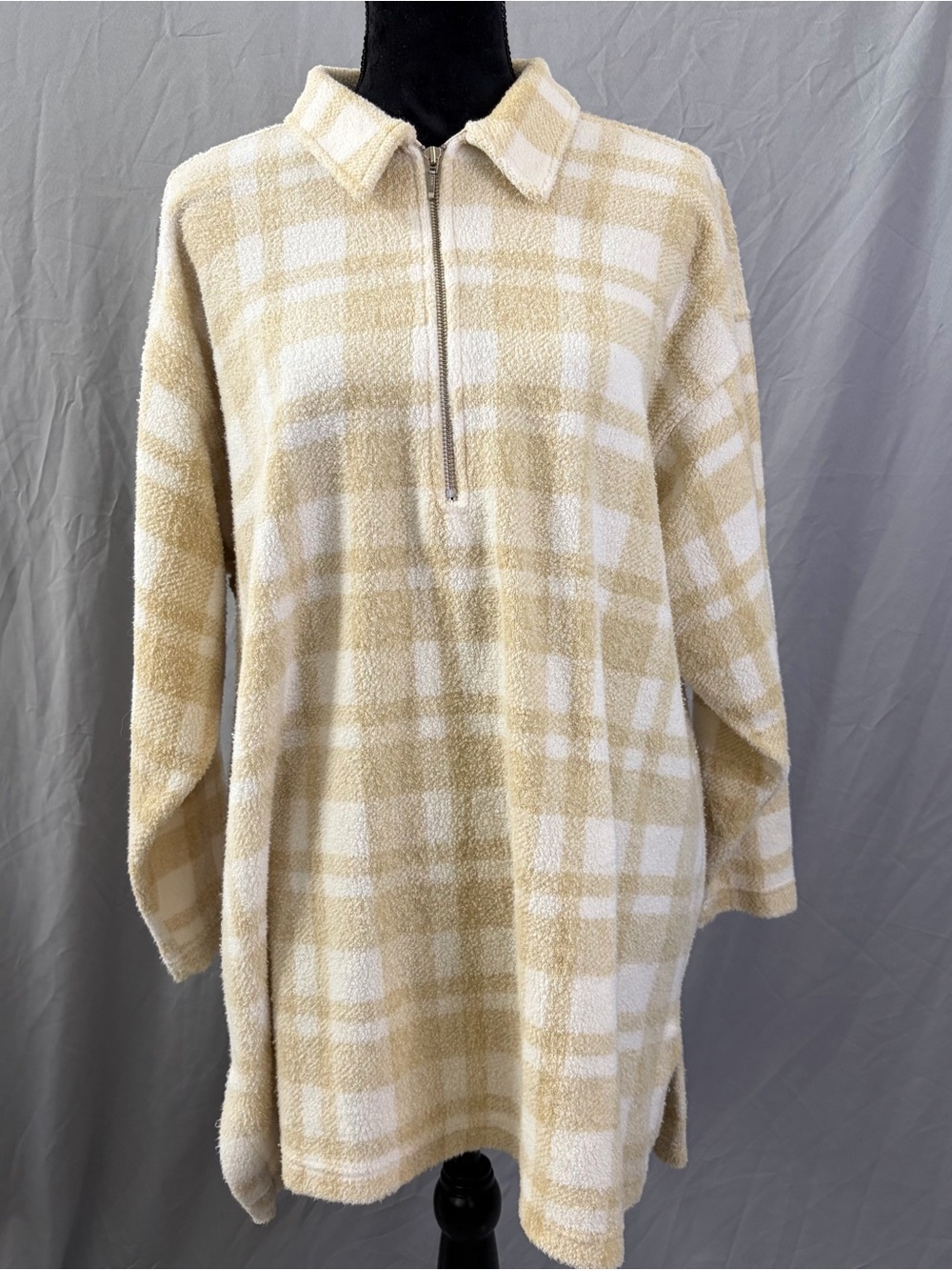 Eddie Bauer Beige & Cream Plaid Sherpa Half-Zip